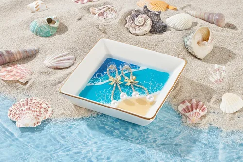Vista 2 de Ocean Jewelry - Bandeja para anillos de joyería, decoración de habitación de playa costera, regalos hawaianos para mujeres, plato de resina hecha a