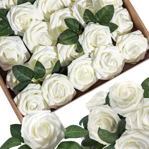 Vista 24 de 25 piezas Flores Artificiales de Espuma Rosas Falsas con Tallos 8 Hojas Rosas Sintéticas de Aspecto Real para Ramos de Boda Centros de Mesa de Negro