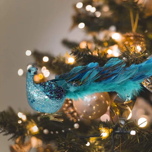 Vista 9 de Adornos de Navidad 2023, plumas de pavo real, pavo real con adorno de purpurina con clip, decoraciones de pájaros falsos para árboles de Navidad