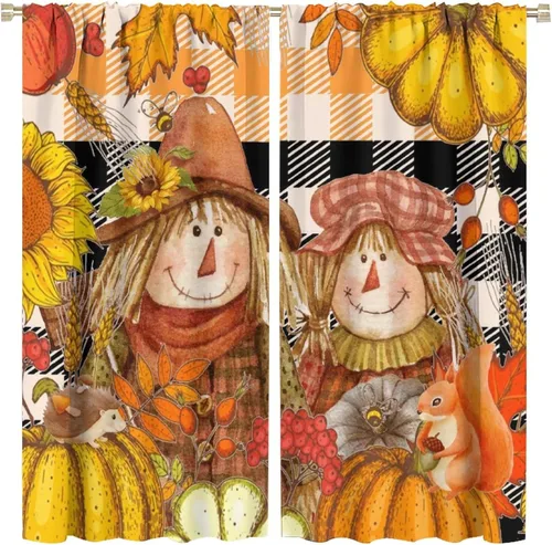 Vista 21 de Divertidas cortinas opacas de calabaza y espantapájaros para sala de estar, rústicas de otoño, hojas de arce, girasol, cosecha de otoño, puesta