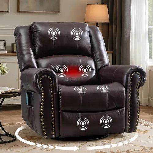 Vista 8 de MEETWARM Sillón reclinable giratorio de masaje con calor y vibración, mecedora manual mecedora, silla reclinable giratoria de 360° con control