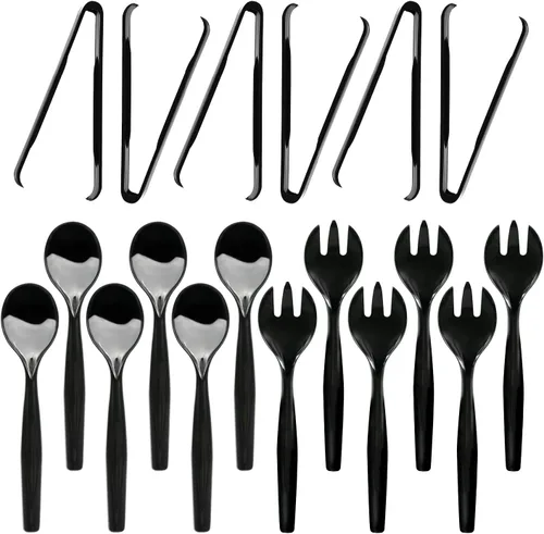 Vista 9 de Party Essentials Utensilios desechables de plástico resistente para bufés, eventos, fiestas, 4 juegos de cucharas, tenedores, pinzas, color negro