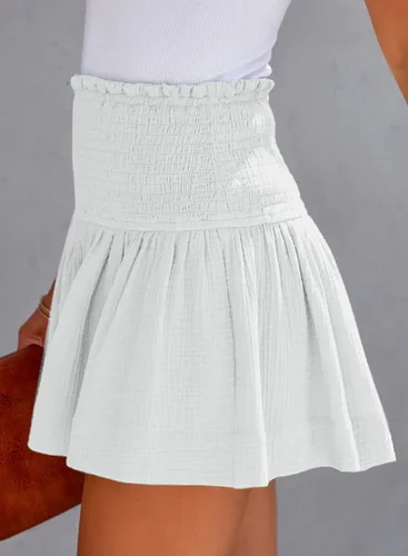 Vista 2 de BeadChica Pantalones cortos casuales de verano para mujer, cintura alta, plisados, con volantes, cómodos, holgados, pantalones cortos de playa