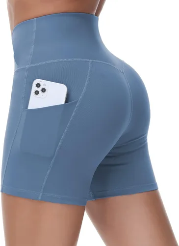 Vista 2 de Pantalones cortos de entrenamiento de cintura cruzada para mujer, con control de abdomen, de elastano, con bolsillos profundos