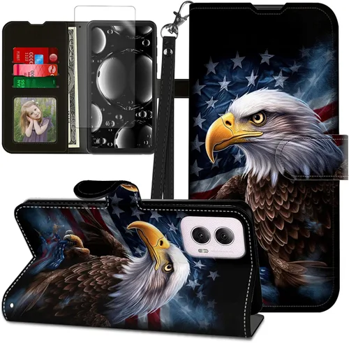 Vista 184 de Funda para Motorola Edge 2022 con protector de pantalla, soporte y tarjetero y correa para la muñeca, funda magnética para Moto Edge 2022 5G UW Lobo