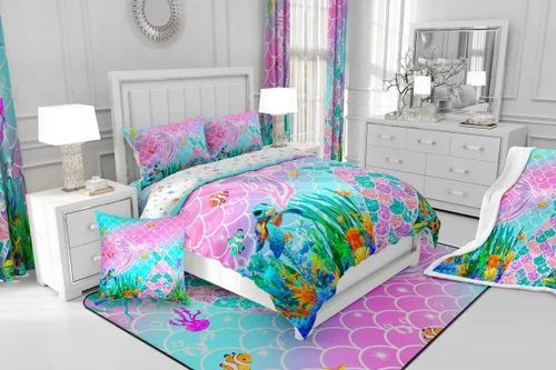 Vista 8 de Feelyou Juego de ropa de cama de sirena suave para niños y niñas, juego de edredón de escamas de peces oceánicos, tamaño individual, edredón