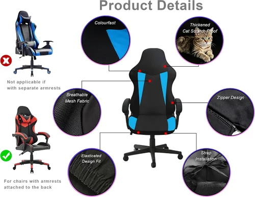 Vista 6 de Fundas para Sillas Gaming Solamente, Elásticas Suaves Gruesas de Malla Transpirable Resistentes a Rayones Funda de Asiento para Silla Gaming con 2
