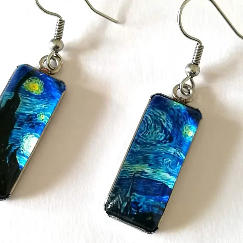 Vista 8 de Van Gogh - Aretes colgantes con diseño de girasol y cielo estrellado para mujer, aretes de arte abstracto