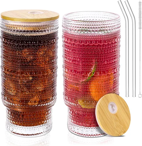 Vista 9 de Vasos de vidrio de 15 onzas con tapas y pajitas, cristalería vintage en relieve para whisky, cóctel, cerveza, taza de café helado con tapa