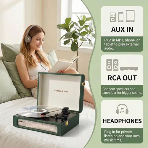 Vista 12 de Vinyl Record Player with Speakers Bass & Treble Control Turntable Green