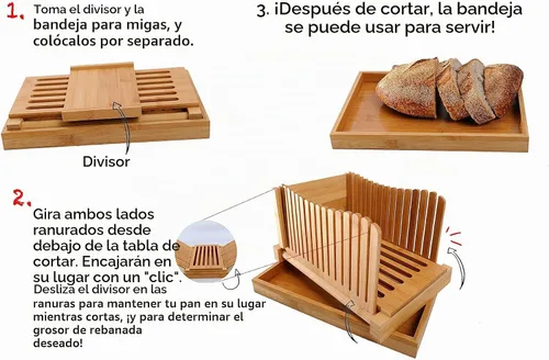 Vista 3 de Cortador de pan de bambú con bandeja para migas, cortador de pan de bambú para pan casero, pasteles de pan, rebanador de bagels, 3 tamaños