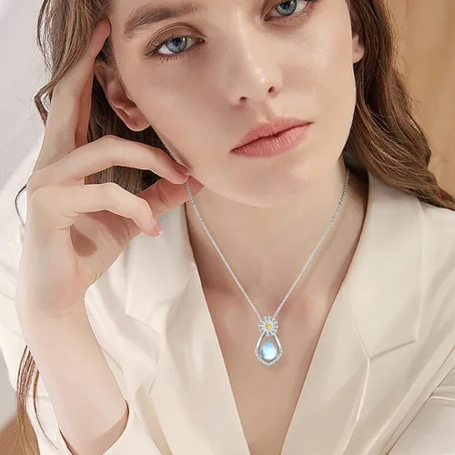 Vista 5 de Midir&Etain Collar de margaritas de plata de ley 925 con piedra lunar y lágrima, joyería floral de moda, regalos para mujeres y novias, Plata