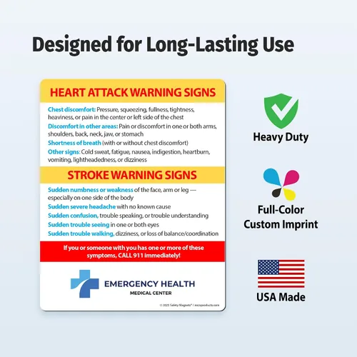 Vista 4 de Safety Magnets by ZOCO – Paquete de 100 señales de advertencia de ataque cardíaco y accidente cerebrovascular personalizado para nevera – Folleto