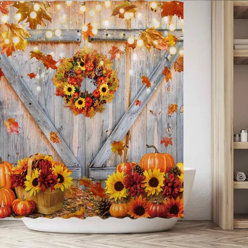 Vista 5 de Funnytree Cortina de ducha rústica de 72 x 72 pulgadas, diseño rústico de otoño, puerta de granero, girasoles, cosecha de Acción de Gracias