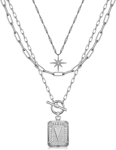 Vista 46 de MJartoria Collares con iniciales en capas para mujer, modernos, chapados en oro de 14 quilates, cadena de papel, collar sencillo con dije de Dorado