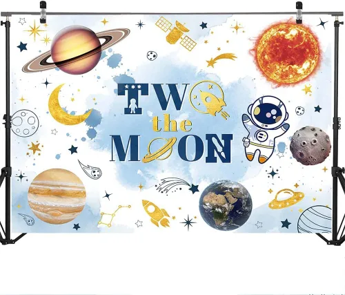 Vista 3 de Mocsicka Telón de fondo con texto en inglés «Two The Moon» para fiesta de segundo cumpleaños, espacio exterior, decoración de fondo del espacio Azul