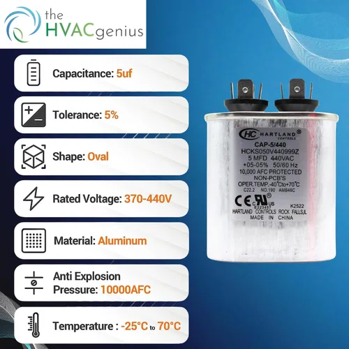 Vista 4 de HVAC Genius - Condensador de 5 condensadores MFD de 370 o 440 VCA 5uf de funcionamiento ovalado para motor de ventilador, condensador de soplador