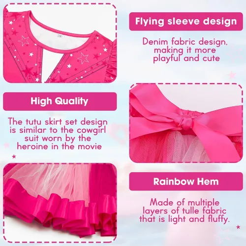 Vista 5 de LZH Disfraz rosa para niñas, conjunto de vestido tutú de arco iris, disfraz de muñeca de cosplay, disfraz de vaquera, disfraz de Halloween