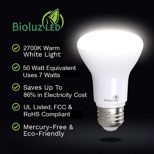 Vista 3 de Bioluz LED Paquete de 2 Bombillas LED BR20 Luz de Inundación Interior R20 Regulables Alto CRI 2700K Blanco Cálido, Equivalente a 50 Vatios Usa 7W