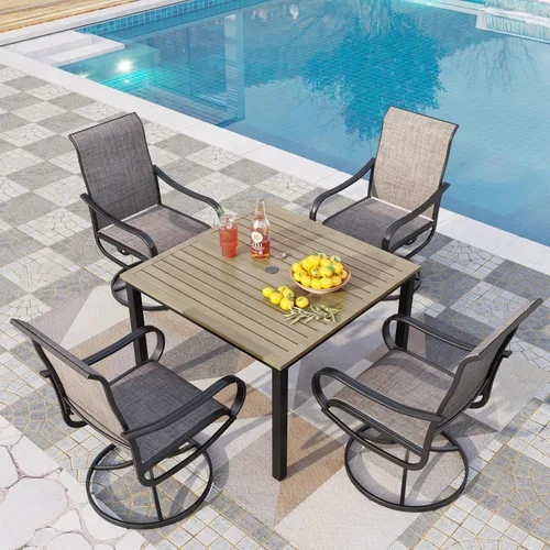 Vista 13 de PHI VILLA Juego de comedor de 5 piezas para patio al aire libre con sillas giratorias (azul) y mesa de comedor de acero de metal de 37 x 37 pulgadas