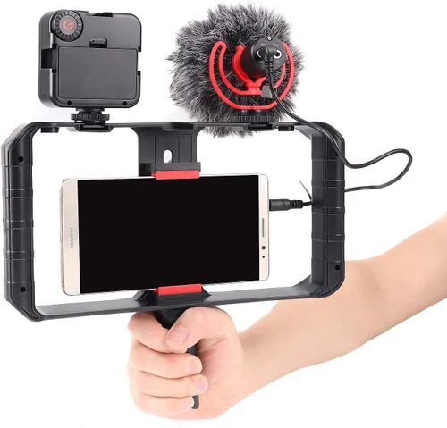 Vista 4 de FocusFoto PRO U-Rig - Soporte estabilizador para cámara de video para teléfono inteligente, agarre estabilizador con micrófono mejorado por-MM1+