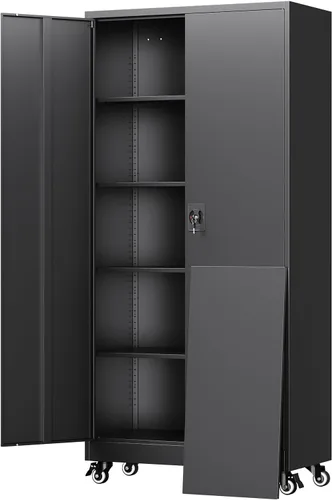 Vista 23 de Yizosh Armario de almacenamiento de metal para garaje con 2 puertas y 5 estantes ajustables, gabinete de archivo de acero con cerradura de 71