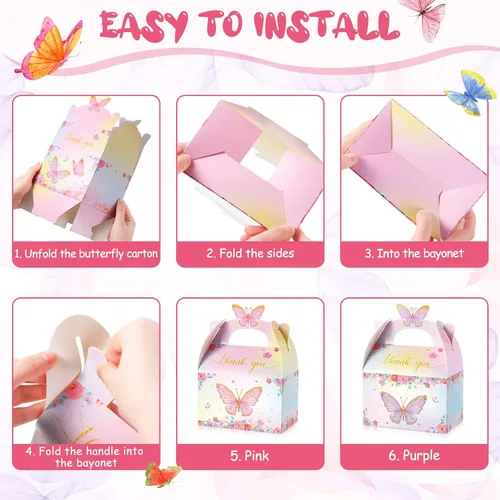 Vista 7 de Nezyo - 12 cajas de regalo de fiesta de mariposa, cajas de regalo de dulces de papel floral rosa morado a dos aguas con mango de mariposa