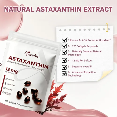 Vista 6 de Suplemento de astaxantina de 12 mg de cápsulas blandas, astaxantina natural de microalgas con aceite MCT para absorción, potente apoyo antioxidante