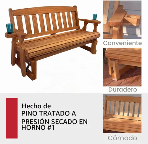 Vista 6 de Amish Casual Planeador de porche tratado a presión de 800 libras con portavasos, resistente (4 pies, manchas de cedro)