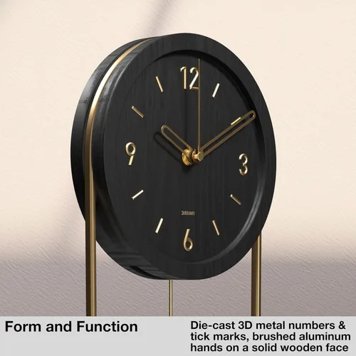 Vista 3 de Driini Reloj de pared decorativo con péndulo (negro) – Madera moderna, números dorados 3D, marco de metal – Relojes de pared pequeños y únicos