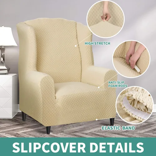 Vista 4 de YEMYHOM 1 funda elástica para silla con respaldo de ala + funda otomana de tamaño pequeño (beige)