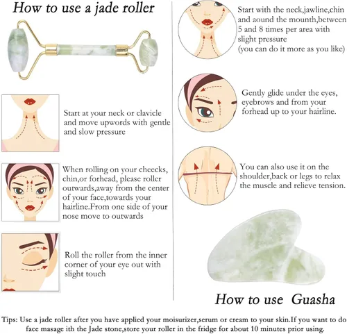 Vista 4 de HOTACE Rodillo de jade para cara, kit 3 en 1, herramienta de masajeador facial, piedra de jade natural, rodillo facial antienvejecimiento, juego