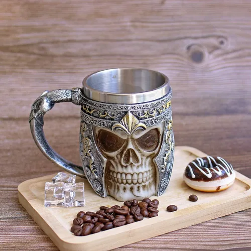 Vista 2 de Taza de café de calavera de 13 onzas, tazas de cerveza con calavera vikinga, revestimiento de acero inoxidable, regalo para hombres, regalos del día