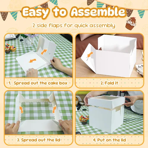 Vista 4 de RYDDOY 3 Pack Cake Boxes with Board, 10x10x8 In Tall Cake Box with Window Soporte para tartas, contenedor de transporte de almacenamiento, fácil