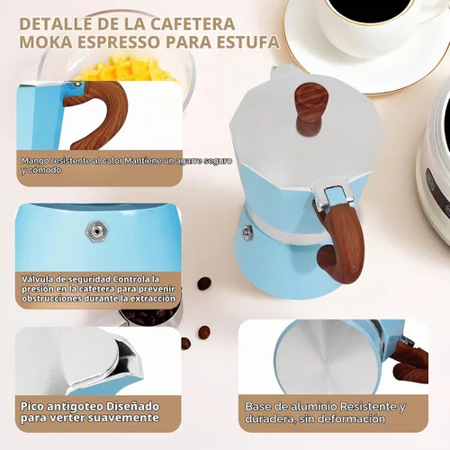 Vista 4 de Cafetera de aluminio con 3 tazas de 150ml (5.1 fl oz) Moka Pot Express, cafetera de café expreso para estufa, colorida cafetera italiana