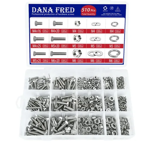 Vista 8 de Kit de 510 tornillos y tuercas M4 M5 M6 – Surtido de tornillos de cabeza hexagonal de acero inoxidable 304 con arandelas planas y de resorte, 15