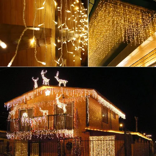 Vista 5 de 304 luces LED solares de carámbano de Navidad para decoración al aire libre, 8 modos de luces impermeables para exteriores, vacaciones, patio Blanco