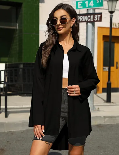 Vista 3 de Bianstore Camisas de lino de gran tamaño para mujer, blusas de manga larga con botones altos y bajos