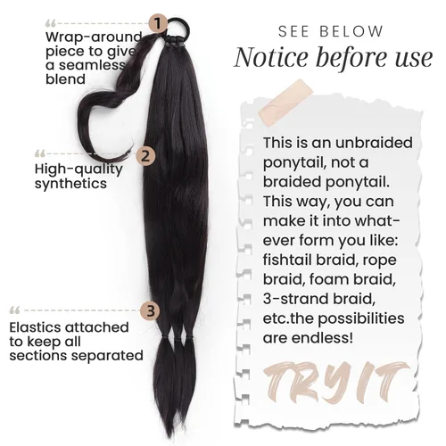 Vista 2 de HAIRCUBE Extensión de cabello sintético suave y natural para mujer, cola de caballo larga trenzada con banda elástica y banda elástica para el Negro