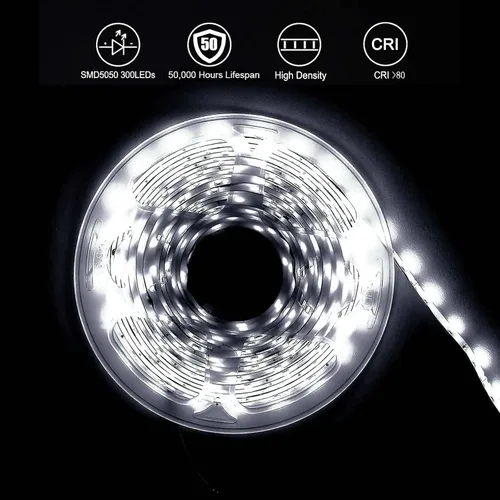 Vista 5 de Efavormart - Tira de luces LED de 16.4 pies, impermeable, color blanco frío, ultra brillante, 300 LED de alta densidad, 5050, cinta SMD para debajo