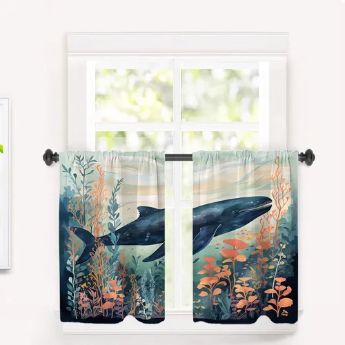 Vista 8 de Cortinas geométricas de cocina para ventanas, color negro, blanco, turquesa, cenefas opacas de poliéster multicapa para cocina, paquete de 2