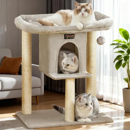 Vista 11 de Torre Rascador para Gatos Grandes de Interior, Árbol Pequeño para Gatos con Cama de Percha Grande, Casa de Árboles de 28 Pulgadas de Alto con Cueva