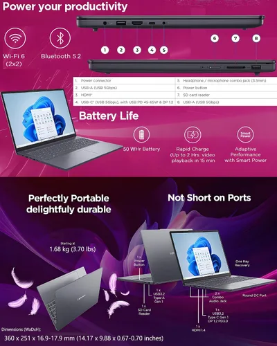 Vista 4 de Lenovo Portátil empresarial de 16", 8 GB de RAM, SSD de 256 GB, Intel 8