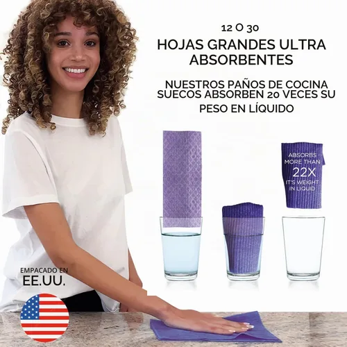 Vista 6 de Paños de cocina suecos para cocina XL, rollo de 30 hojas, biodegradables y compostables, paños de limpieza de toallas de papel reutilizables, 11 x