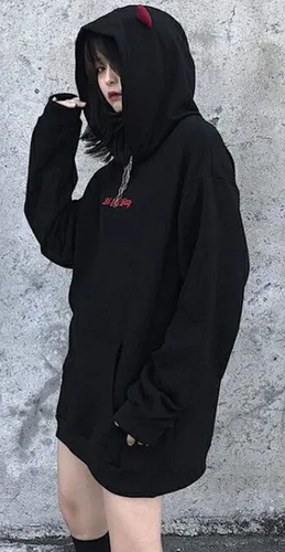 Vista 2 de Sudadera con capucha de manga larga con capucha de Devil Wings para mujer Negro