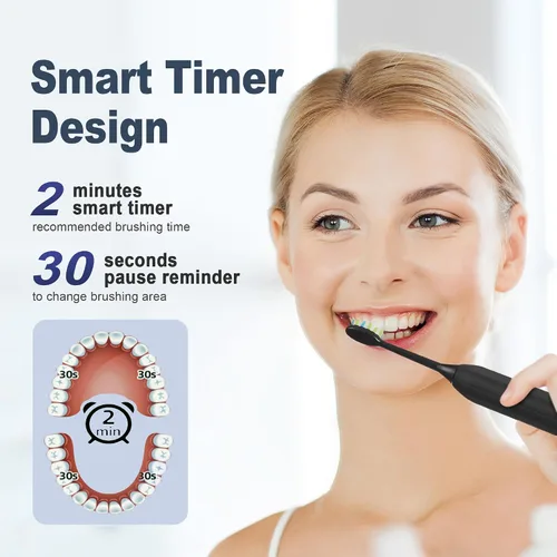 Vista 5 de 7AM2M Cepillo de dientes eléctrico sónico para adultos y niños, con 8 cabezales de cepillo y estuche de viaje, 5 modos con temporizador inteligente