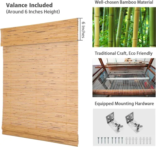 Vista 4 de Persianas romanas de bambú, sin cordón, de nogal personalizado, opacas, oscurecimiento de la habitación, persianas de madera tejida, persianas