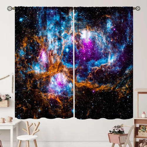 Vista 12 de Cortinas de planeta galaxia, espacio exterior, universo, nebulosa, estrellas, cielo estrellado, con bolsillo para cortinero, para sala de estar