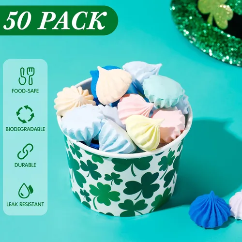 Vista 3 de Zopeal Paquete de 50 tazas de papel de 9 onzas para helado del Día de San Patricio, cuencos desechables para helado de trébol, tazas de aperitivos