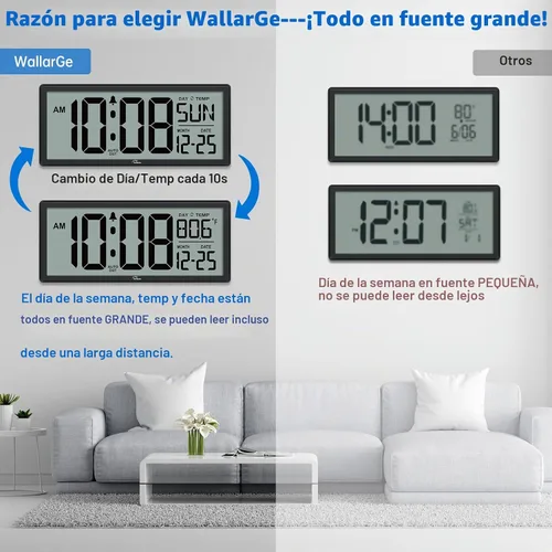 Vista 2 de WallarGe Reloj de pared digital grande de 14.5 pulgadas, funciona con pilas, con números gigantes, temperatura y fecha, fácil de leer y configurar